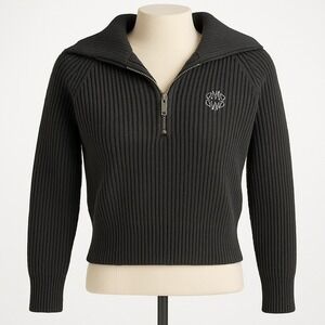 Nick Nicole Black Ribbed Mock Neck Quarter Zip Sweater Cropped Preppy Minimalist